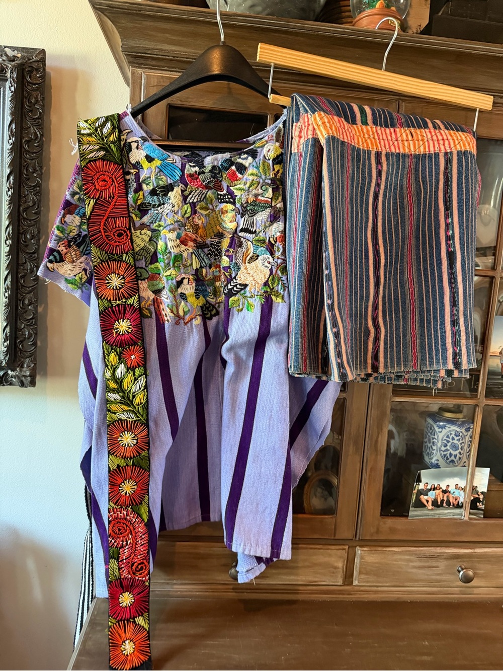 Hand-Embroidered Lavender Striped Peasant Dress with Floral Yoke
